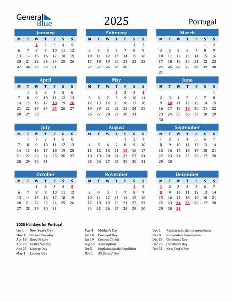 2025 Printable Calendar with Portugal Holidays