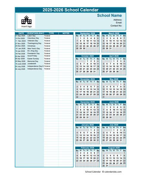 2025-2026 Sep-Aug Yearly School Calendar Template Excel - Free ...