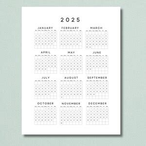 2025 Yearly Calendar One Sheet Printable, Year at a Glance, 2025 Desk ...
