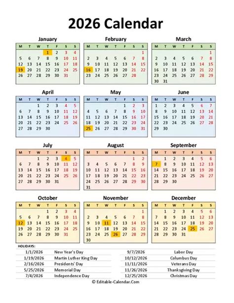 Download Editable 2025 Calendar With Us Holidays Portrait, weeks start ...