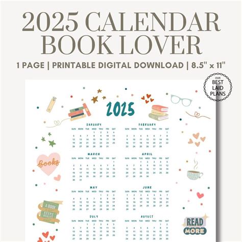 2025 at a Glance Calendar Printable Cute 2025 Calendars Book Lover ...