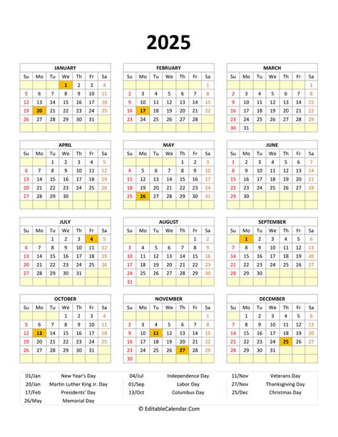Editable 2025 Calendar With with Holidays