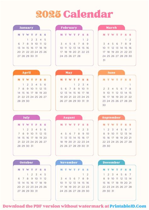 Free Printable 2025 Calendar - PDF & Image - PrintableJD.Com