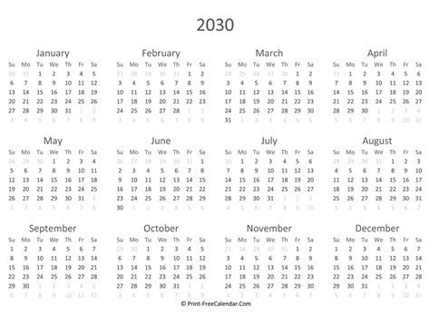 Free Printable Calendar 2030