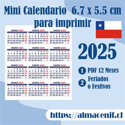 Mini Calendario 6.7 x 5.5cm 2025 en PDF para Imprimir - Almacén JF