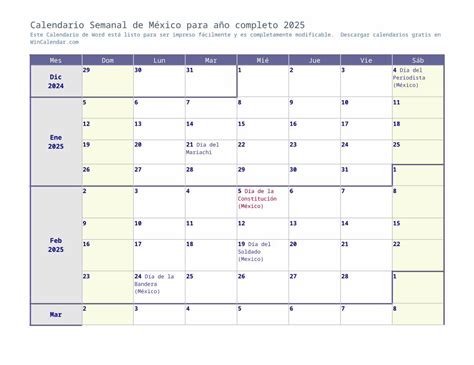 (DOCX) Calendario Semanal 2025 con Feriados de México · Web ...