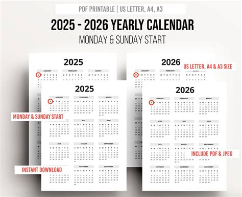Printable 2025 2026 Yearly Calendar Monday & Sunday Start - Etsy