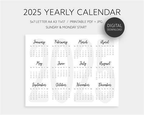 2025 Yearly Calendar, One Page Printable Calendar, Year at a Glance ...