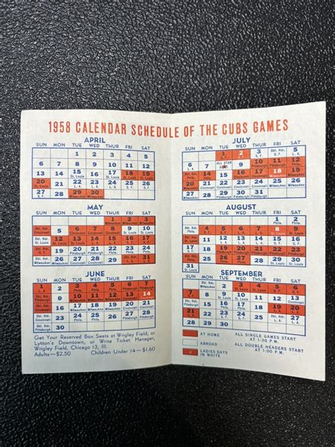 1958 and 1959 Vintage Chicago Cubs pocket schedules, Near Mint, Sunkist ...