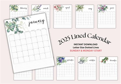 2025 Lined Printable Calendar, Portrait, Floral Greenery Calendar 2025 ...