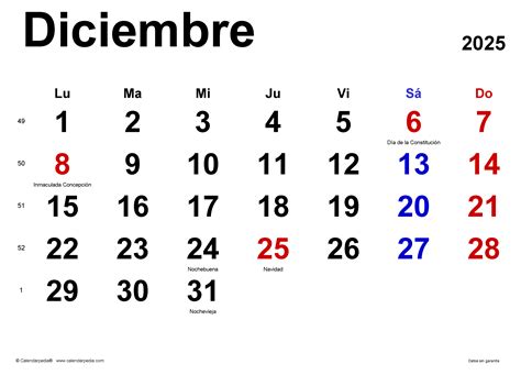 Calendario diciembre 2025 en PDF, Excel y Word | Calendarpedia