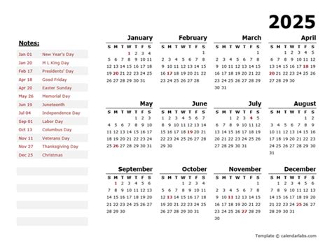 2025 Yearly Calendar Template With US Holidays - Free Printable Templates