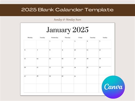2025 Blank Calendar Template Blank Calendar Printable - Etsy