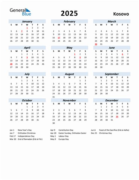 2025 Yearly Calendar for Kosovo with Holidays