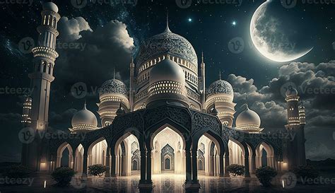 Beautiful mosque landscape and halfmoon for islamic background, poster ...