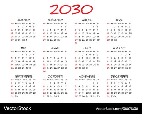 2030 Calendar Printable Free