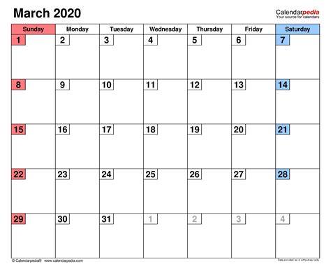 March 2020 Calendar | Templates for PDF, Excel and Word