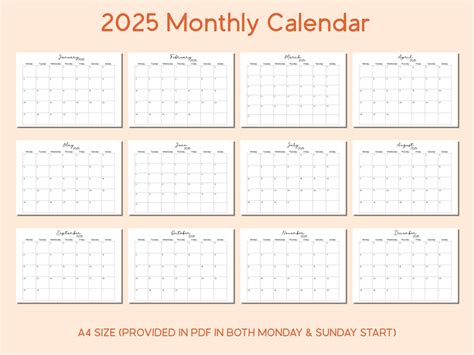 2025 Printable PDF Full Monthly Calendar | Landscape, Letter, A4 ...