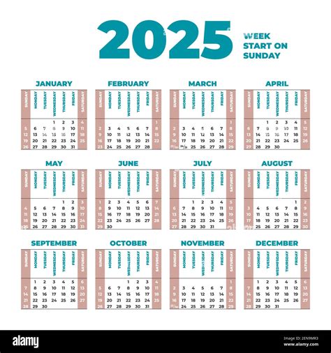 2025 Calendar template with weeks start on Sunday Stock Vector Image ...