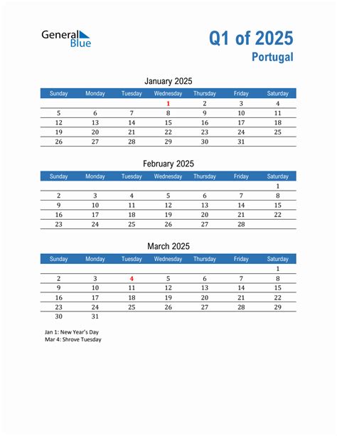 Portugal 2025 Quarterly Calendar with Sunday Start