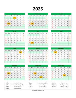 Editable 2025 Calendar With with Holidays