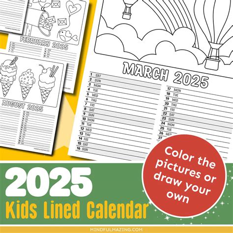 Free Printable 2025 Monthly Calendar for Kids [Lined] • Mindfulmazing.com