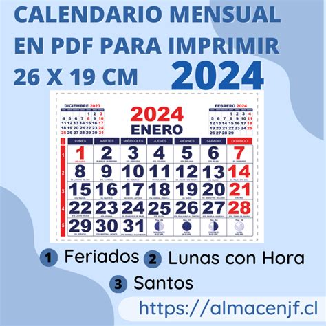 Calendario Mensual 26 x 19 cm 2024 en PDF para Imprimir - Almacén JF