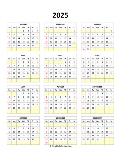 Editable Calendar Template 2025