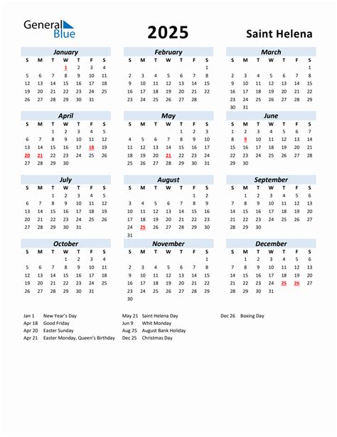 2025 Yearly Calendar for Saint Helena with Holidays
