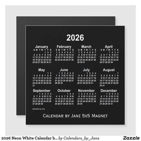 2026 Neon White Calendar by Janz 5x5 Magnet