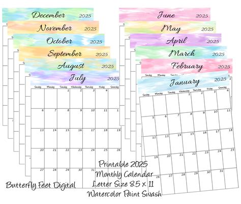 2025 Printable Monthly Calendar Portrait View Letter Size Watercolor ...