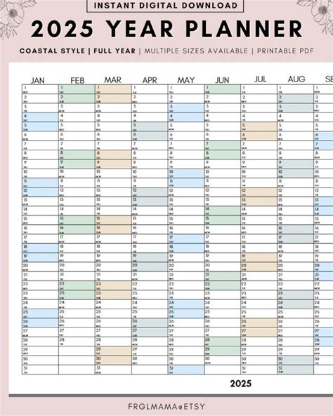 Full Year Calendar 2025, 2025 Monthly Planner, 2025 Rainbow Yearly ...