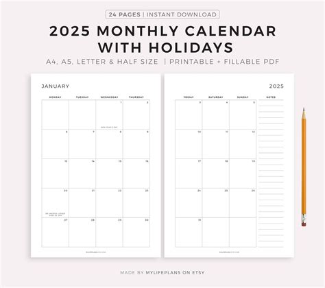 2025 Monthly Calendar With Holidays on 2 Pages, Printable Calendar ...