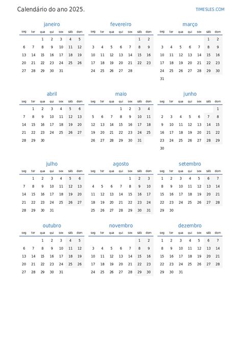 Calendário 2025 com feriados em Portugal | Imprimir e baixar calendário