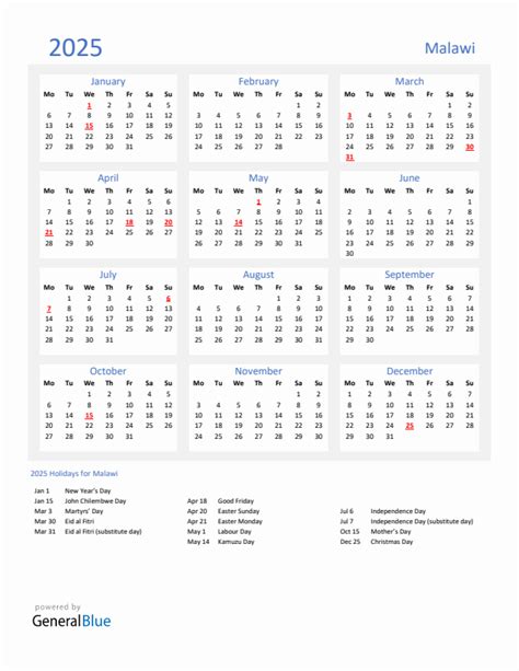 2025 Malawi Calendar with Holidays