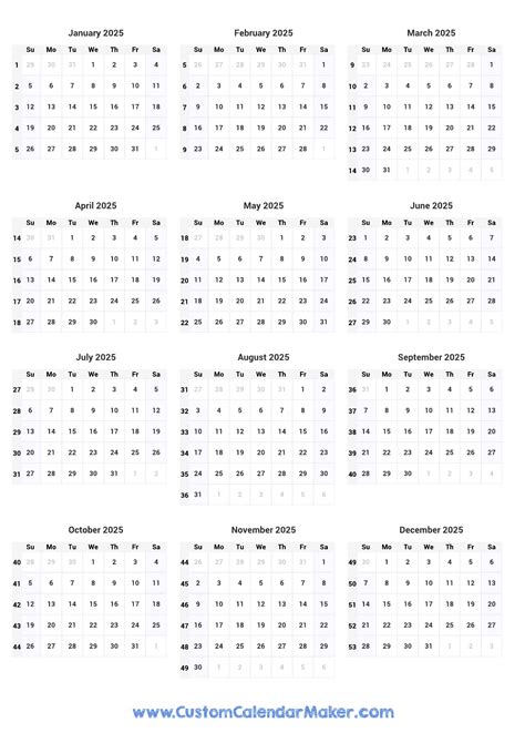 2025 Numbered Weeks Calendar Dates Printable - terri marlena