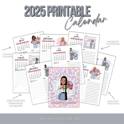 2025 Printable Calendar Black Girl Flower Calendar 2025 Planner ...
