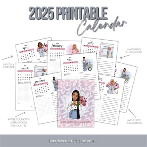 2025 Printable Calendar Black Girl Flower Calendar 2025 Planner ...