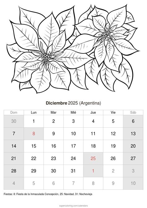 Calendario Diciembre 2025 para imprimir (Argentina)
