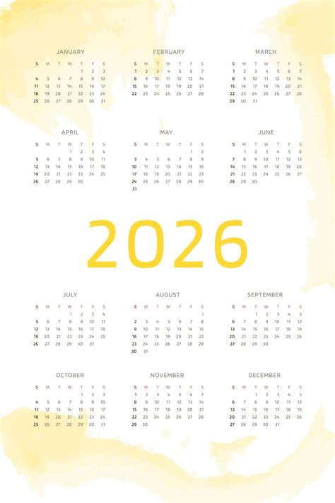 2026 calendar on warm yellow hand drawn background with watercolor ...