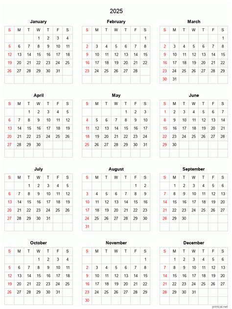 2025 Printable Calendar - Full-Year Calendar (Grid style)
