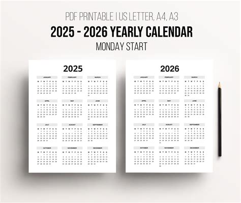 Printable 2025 2026 Yearly Calendar - Monday & Sunday Start - Etsy