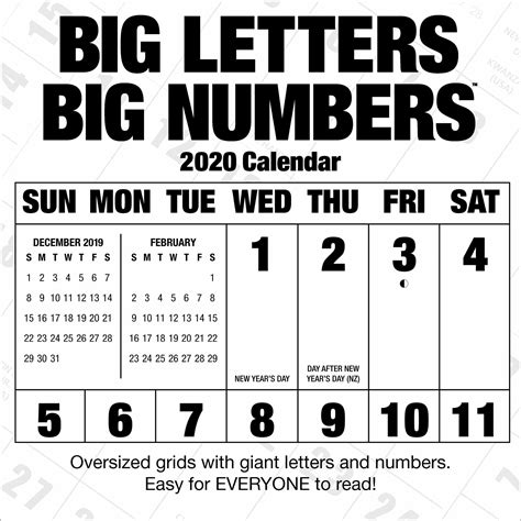 Printable Calendar 2020 Free Large Numbers