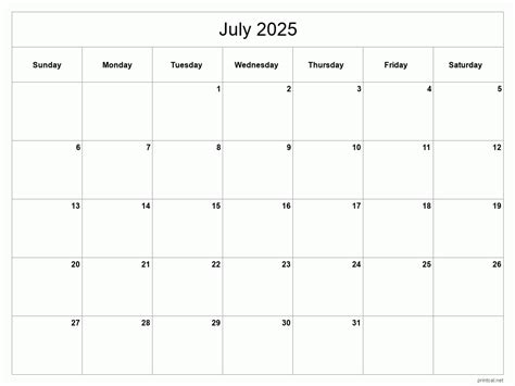 Printable July 2025 Calendar - Classic Blank Sheet
