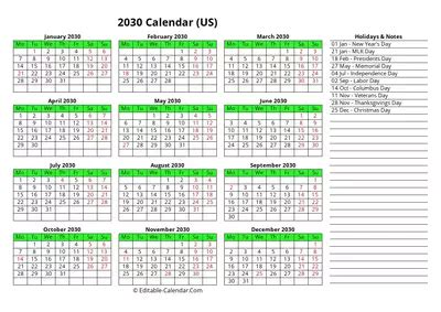 Download 2030 Calendar Printable With Us Holidays, weeks start on Sunday