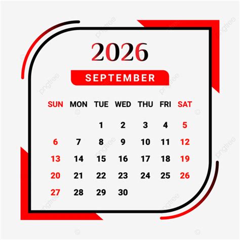 Calendario Del Mes De Septiembre De 2026 Con Rojo Y Negro Vector PNG ...