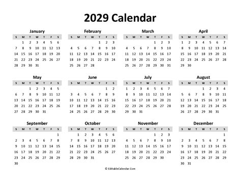 Download Free Printable Calendar 2029 (PDF Version)
