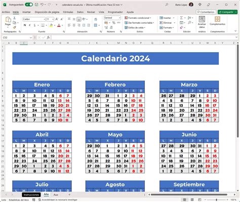 Calendario 2024 Excel Editable - Jaine Phylis