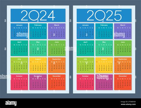 Calendario colorido para 2024, 2025 años. La semana comienza el domingo ...