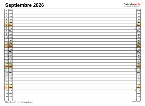 Calendario septiembre 2026 en PDF, Excel y Word | Calendarpedia
